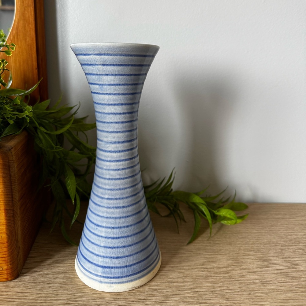 Blue Striped Ceramic Taper Candle Holder